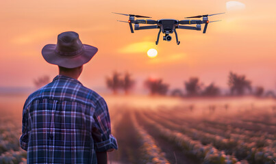 Sticker - Man farmer in hat standing in green wheat field and controlling of drone which flying above margin. Technologies in farming.