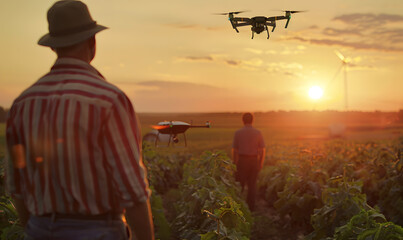 Sticker - Man farmer in hat standing in green wheat field and controlling of drone which flying above margin. Technologies in farming.