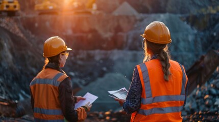 Two women in hard hats and safety vests looking at a mining operation.