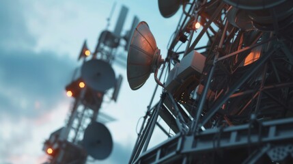 A close-up of satellite dishes mounted on a communication tower, receiving data from space