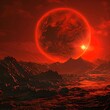 Dramatic digital art of a total eclipse casting a red glow over a rugged extraterrestrial mountain landscape.