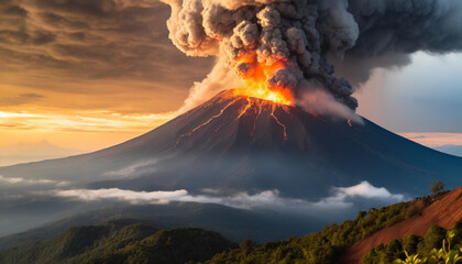 Wall Mural - Volcano erupts with smoke, thunder, and lightning, illustrating raw power of nature