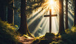 cross symbolizing faith and hope against dark forest backdrop with gentle backlighting