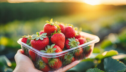 Wall Mural - hand holds plastic box of strawberries against a radiant sunset backdrop, capturing the essence of fruitful harvest and nature's bounty