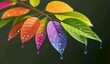 fresh colorful leaves with water droplets hanging on them. Make sure the details of the leaves and the clarity of the water droplets are clearly depicted