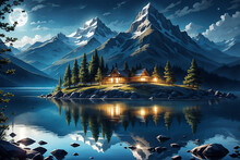 Show A Tranquil Mountain Lake Under Moonlight, With Clear Reflections And A Calm