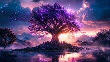 A Magical Tree Of Life With Glowing Leaves Standing On The Edge Of An Enchanted Lake