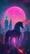 Neon Lit Unicorn Silhouette Amid Towering Cityscape in Synth Wave Inspired Digital Painting