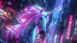 Enchanting Neon Unicorn Illuminating a Vibrant Futuristic City Skyline with Hypnotic Presence