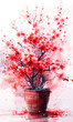 Bouquet of cherry blossoms in vase on watercolor background.