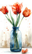 Tulips in a glass vase on a white background.