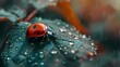 A ladybug nestled amidst dewdrops on a morning leaf, a charming symbol of luck and natural harmony.