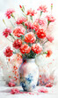 Bouquet of pink carnations in a vase on a white background.