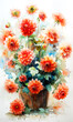 Colorful dahlia flowers in vase, watercolor painting.