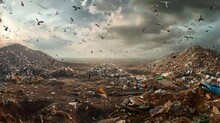 A Panoramic View Of A Vast Landfill Site Covered In Layers Of Discarded Waste Debris And Litter With Swarms Of Birds Flying Overhead Against An Ominous Cloudy Sky
