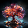 Fantasy tree with fire and smoke on black background. 3d illustration