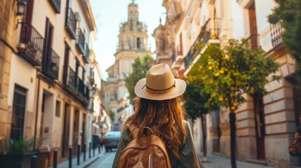 Spain travel. woman tourist exploring old town cathedral on solo adventure vacation journey