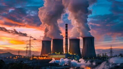 A power plant emitting steam against a backdrop of industrial machinery, representing energy production