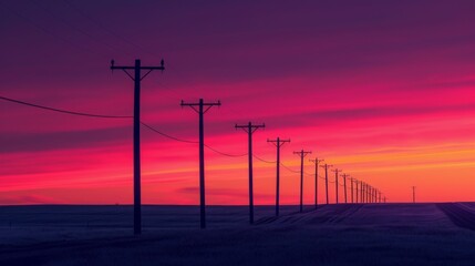 Wall Mural - A row of electric power poles stretching into the distance against a vibrant sunset sky