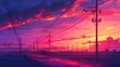 A row of electric power poles stretching into the distance against a vibrant sunset sky
