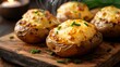 Grilled jacket potatoes with melty cheese slices and chive garnish served on a wooden board with visible steam
