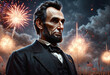 Abraham Lincoln on the background of the American flag with a firework. Generative AI