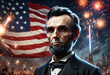 Abraham Lincoln on the background of the American flag with a firework. Generative AI