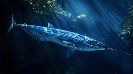 Wall Mural - A solitary barracuda patrolling the edge of a reef, its sleek form blending into the shadows of the underwater world.