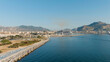 Palermo, Sicily, Italy. A large cruise ship is moored in the port of Palermo. Lots of smoke from the chimney. Palermo is the capital of the Italian island of Sicily, Aerial View