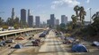 A sprawling makeshift encampment has taken root along the highway surrounded by the imposing highrise buildings of the urban skyline highlighting the stark divide between affluence and homelessness
