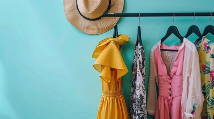 A rack of clothes is hanging on a wall with a yellow hat on top