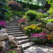 Vibrant flower beds bordering a stone stair pathway in a lush residential garden during daytime.