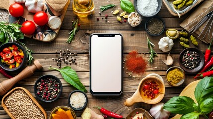 Smartphone mockup with italian food ingredients for cooking recipes app concept on wooden table