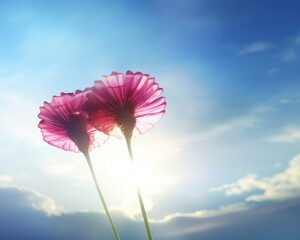 two pink flowers with a blue sky and clouds