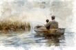 Father and son fishing in a boat on a lake.