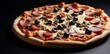 Pizza with ham, mozzarella cheese and olives on black background, Close up