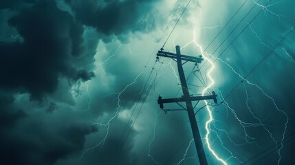 Wall Mural - Lightning striking a power line during a storm, highlighting the raw power of electricity