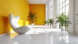 Minimalist room with windows, yellow walls and a white chair