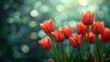 Floral background, red tulips on green background with blur effect