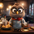 Cute owl sitting at a table in a cafe. 3D rendering.