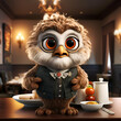 Cute owl in a restaurant. 3d illustration. Cartoon character.