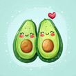 In love avocado pair, watercolor, cute expressions, soft, dreamy background, flat vector icon style character illustration