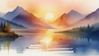 Mountain lake in the morning. Sunrise. Landscape. Digital painting.