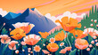 Vibrant Sunset Over Scenic Mountain Range with Blooming Poppy Flowers