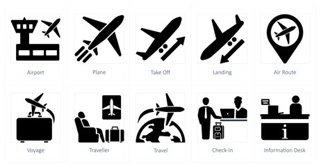 Wall Mural - a set of 10 airport icons as airport, plane, takeoff