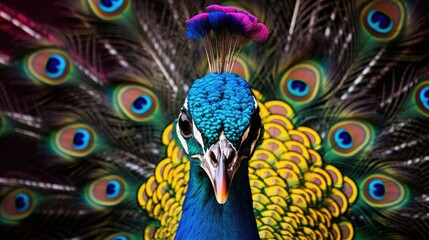 Wall Mural - An illustration detailed and captivating portrait of a regal peacock displaying its magnificent plumage, AI Generative