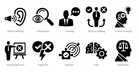 Sticker - A set of 10 critical thinking icons as active listening, observation, thinking