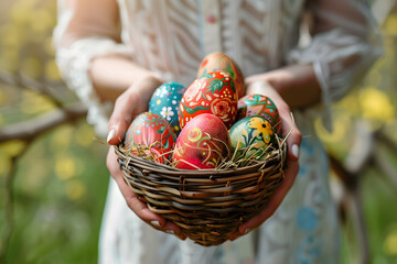 Close-up of a girl's hands is holding a basket full with pastel colorful Easter eggs with cute patterns on blurred background.