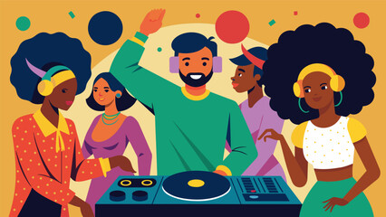 Wall Mural - The DJ spins classic Motown hits as families and friends of all ages come together celebrating freedom and unity at a lively Juneteenth dance party.. Vector illustration