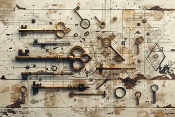 Wall Mural - A stylized version of a set of keys, reduced to geometric forms